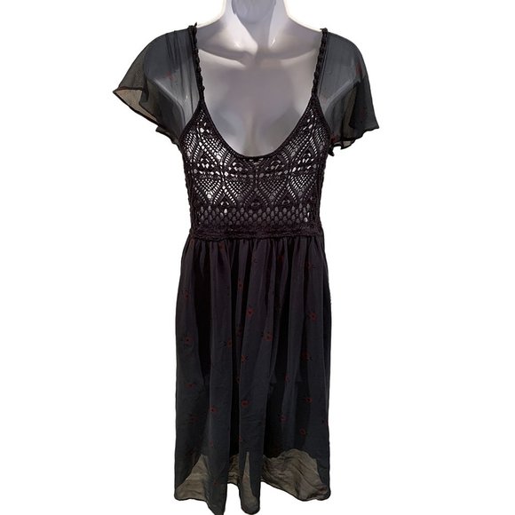 Free People Dark Green Crochet and Chiffon Floral Dress, Size Medium - Picture 6 of 16